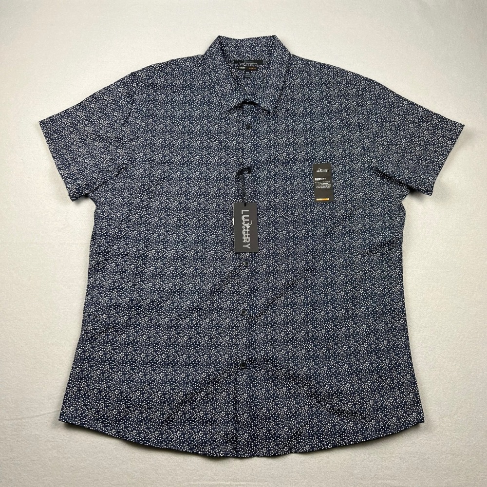Marc Anthony Men XXL Navy Space AOP Print Slim Fit Short Sleeve Casual Shirt NWT